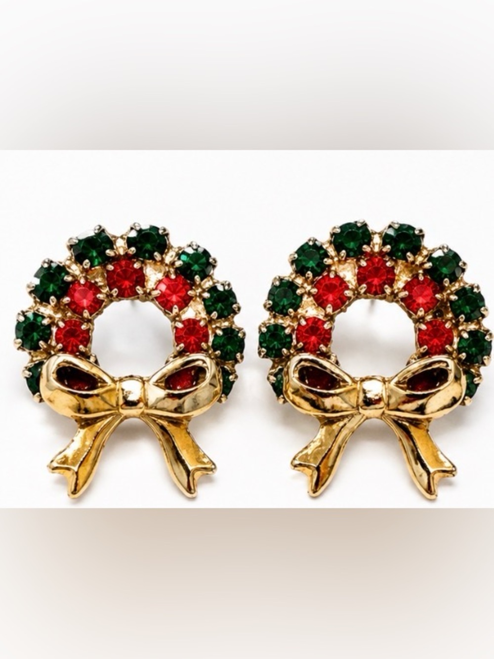 Vintage Christmas Wreath Rhinestone Stud Earrings | Red Green Crystal Holiday